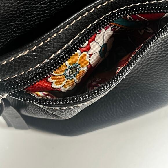 Black Pebbled Genuine Leather Crossbody Bag Many Zippered Pockets Floral Lining - Picture 3 of 16